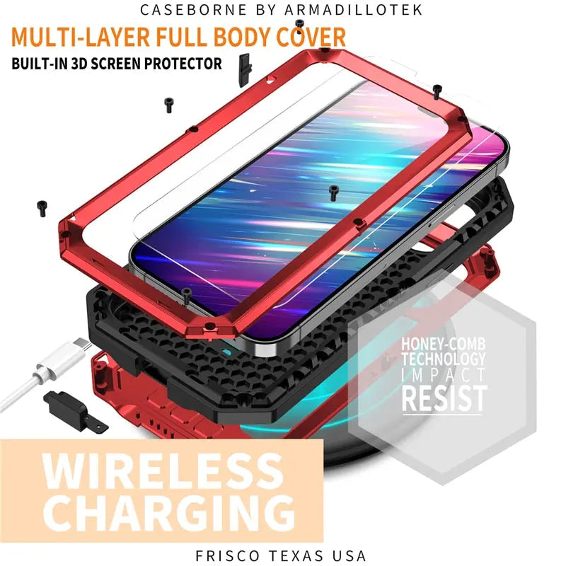 Telefoonhoesje met Geïntegreerde Schermbeschermer voor iPhone 14 13 Mini Pro Max Robuust Militair Zwart Rood