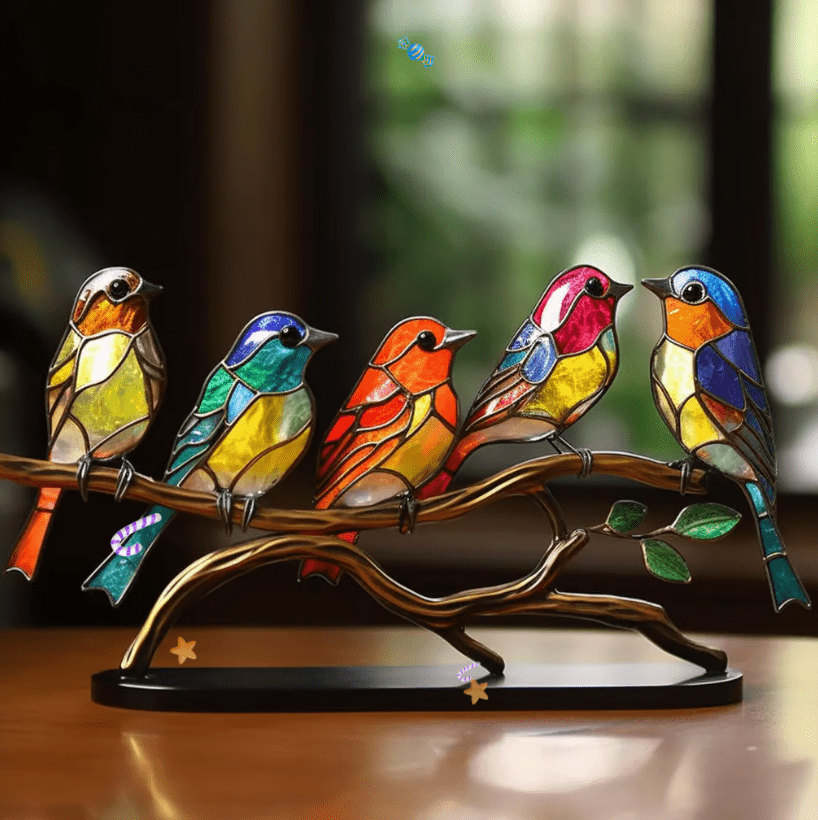 Glas-in-lood Vogels Decoratie - Kleurrijk Zonlicht Effect voor Raam - Handgemaakt Kunstglas met Natuurlijke Uitstraling - Decoratieve Vogelfiguren Interieur