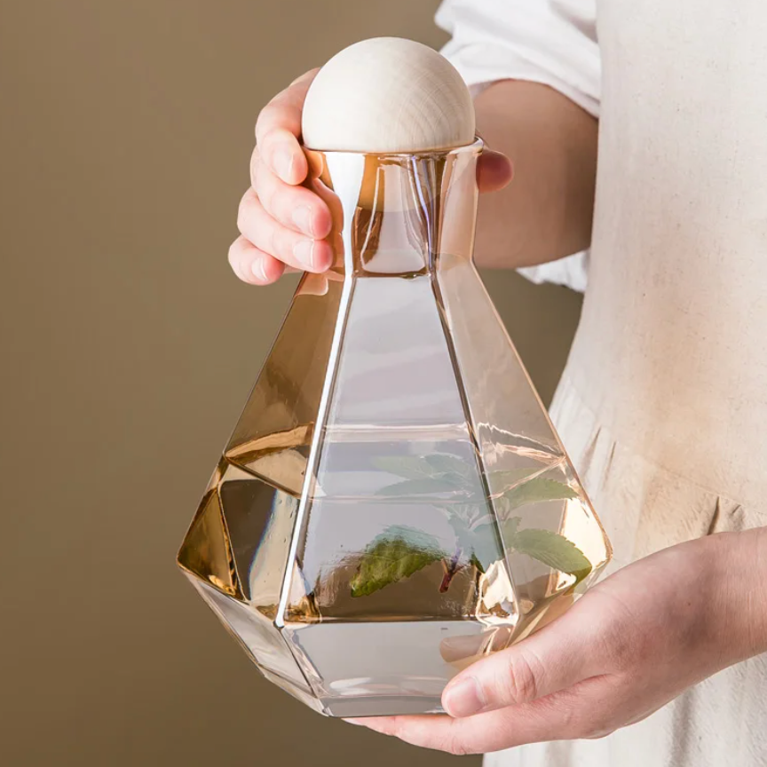 Glazen Karafset 5-delig met Diamantreliëf Transparant Glas Beukenhout Dop voor Serveren van Water Sap Wijn