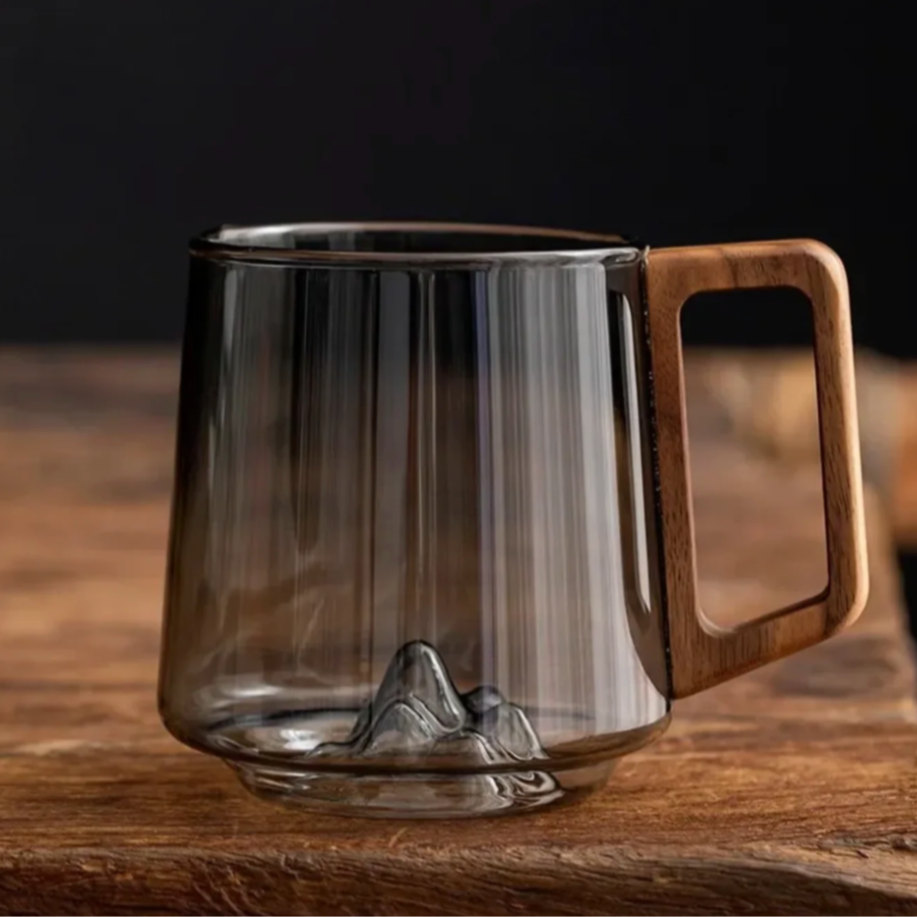 Glazen Bergpiek Beker met Dubbele Wand 300ml - Hittebestendig Borosilicaatglas met Houten Handgreep voor Koffie en Thee