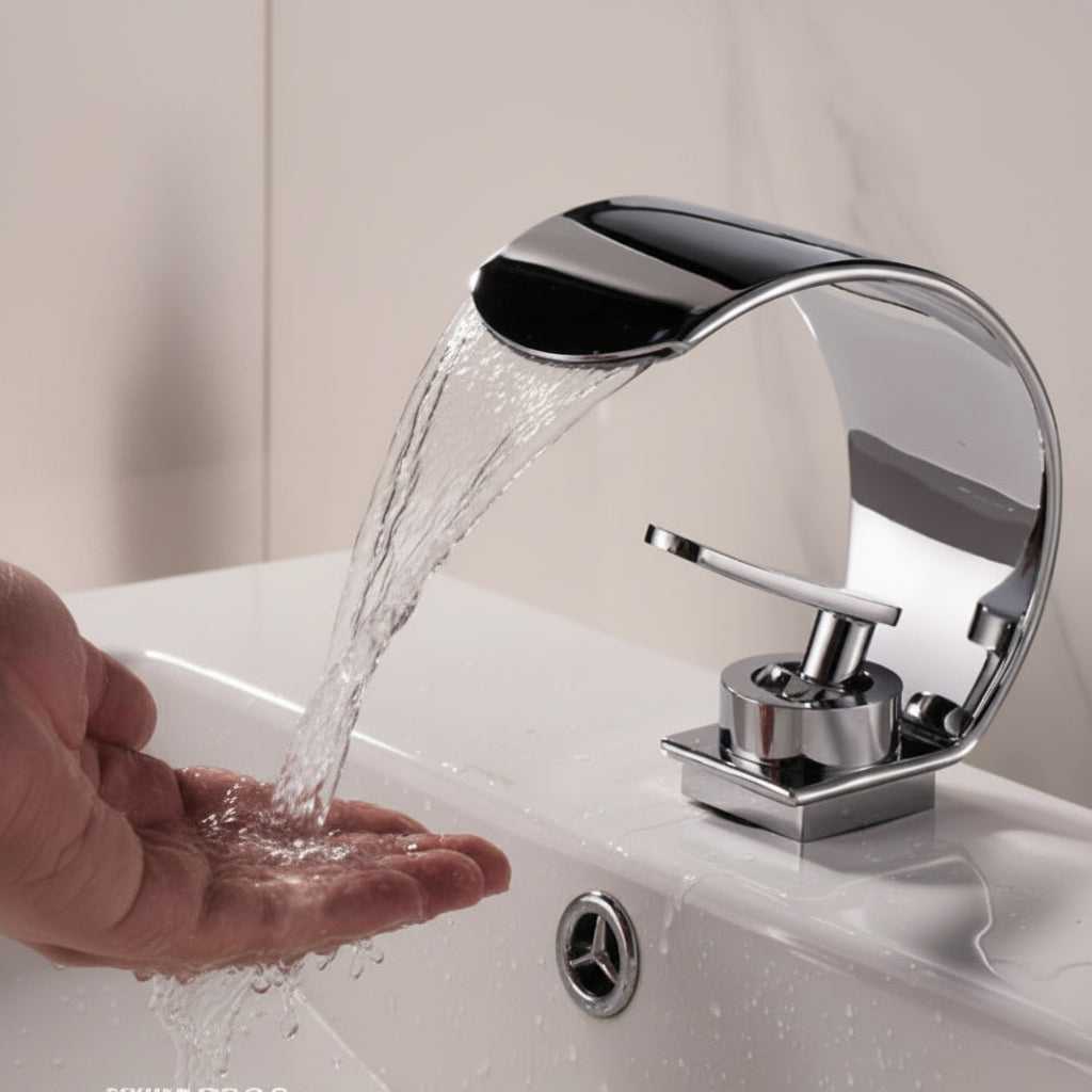 Waterval Wastafelkraan Gebogen Chroom RVS Spiegelfinis Ééngreeps Eengatsmontage Moderne Badkamer Kraan