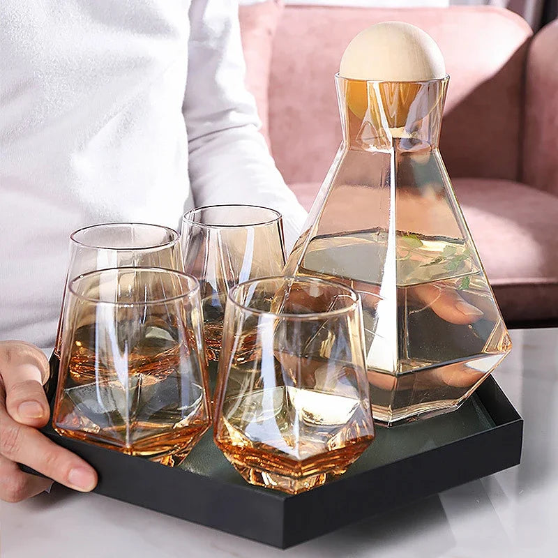 Glazen Karafset 5-delig met Diamantreliëf Transparant Glas Beukenhout Dop voor Serveren van Water Sap Wijn