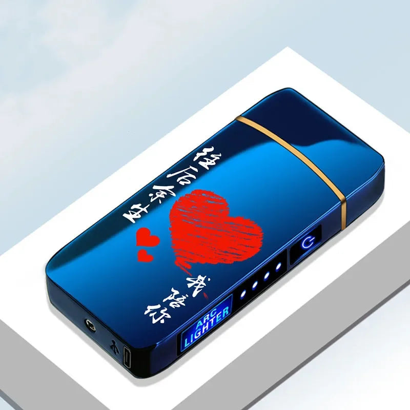 Oplaadbare USB Plasma Aansteker Blauw Metaal Dubbele Lichtboog Windbestendig voor Kaars Kachel Binnen Buiten Modern Design Milieuvriendelijk zonder Gas Aanraakbediening LED Batterij-indicator