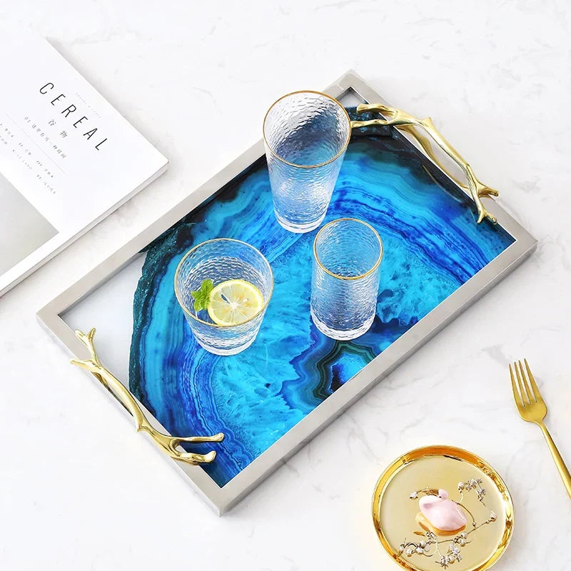 Decoratief Dienblad met Blauwe Agaatprint - Rechthoekig en Rond Glas met RVS Frame - Stijlvolle Serveerplank voor Drankjes en Hapjes