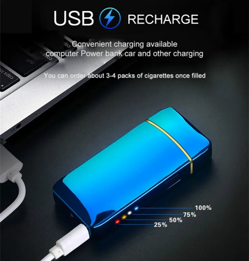 Oplaadbare USB Plasma Aansteker Blauw Metaal Dubbele Lichtboog Windbestendig voor Kaars Kachel Binnen Buiten Modern Design Milieuvriendelijk zonder Gas Aanraakbediening LED Batterij-indicator
