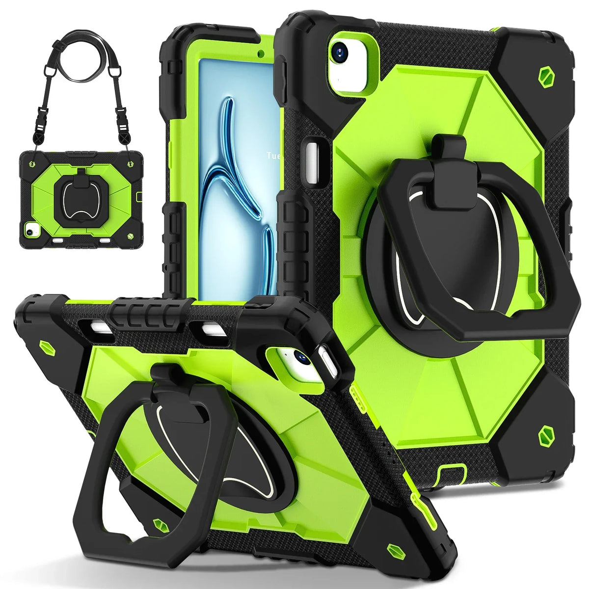 Robuuste iPad Hoes met Ringgrip Drielaagse Bescherming Kickstand Schouderband Screenprotector Zwart Oranje