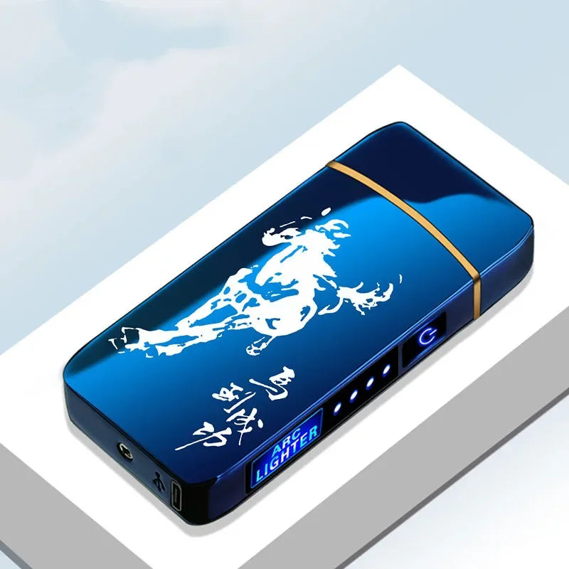 Oplaadbare USB Plasma Aansteker Blauw Metaal Dubbele Lichtboog Windbestendig voor Kaars Kachel Binnen Buiten Modern Design Milieuvriendelijk zonder Gas Aanraakbediening LED Batterij-indicator