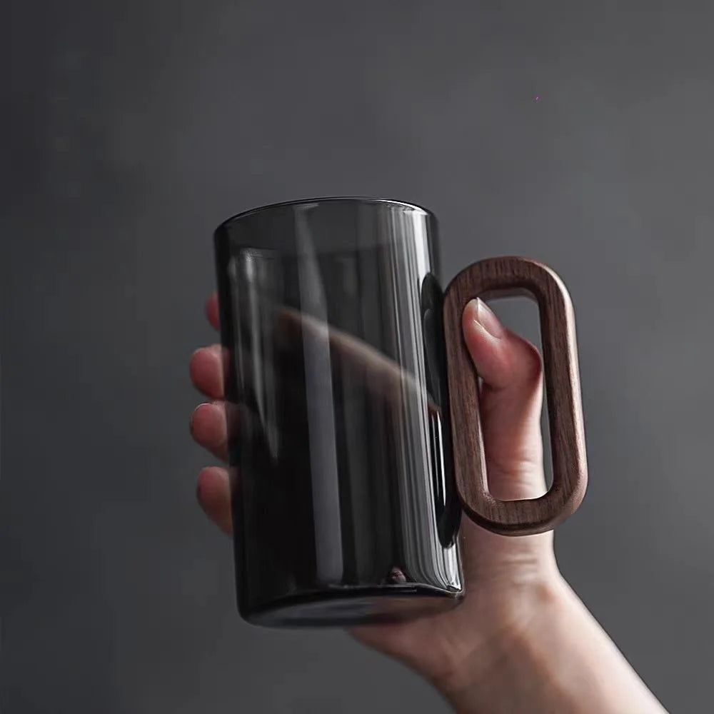 Glazen Beker met Houten Handvat - Hittebestendig Borosilicaatglas voor Thee, Koffie, Sap - Scandinavische Keuken Drinkglas