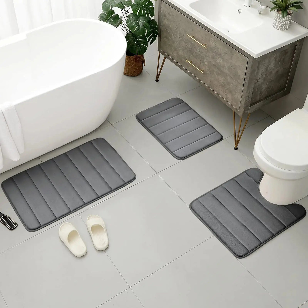 Fluwelen Memory Foam Badmatten Set van 3 Stuks - Waterabsorberend Antislip Badkamertapijt met Zachte Badmat voor Toilet en Douche