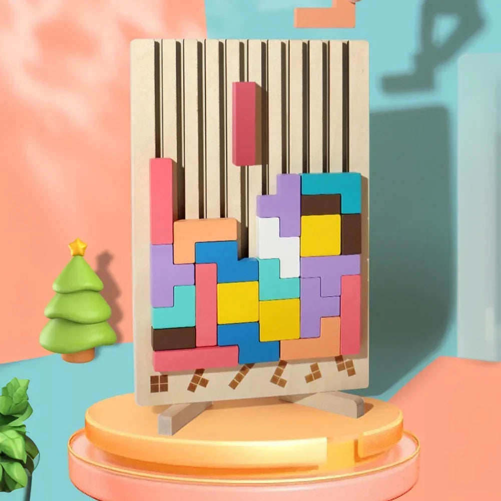 Houten 3D Puzzelspel voor Kinderen - Creatief Tetris Stapelspel met Geometrische Blokken - Ruimtelijk Inzicht & Handcoördinatie