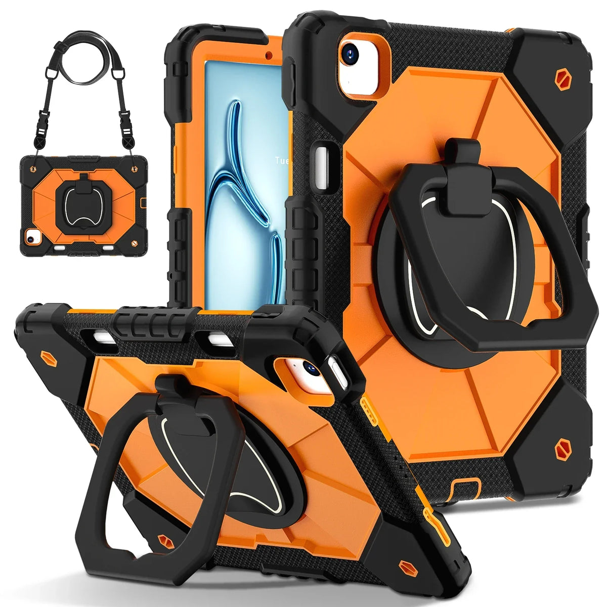 Robuuste iPad Hoes met Ringgrip Drielaagse Bescherming Kickstand Schouderband Screenprotector Zwart Oranje