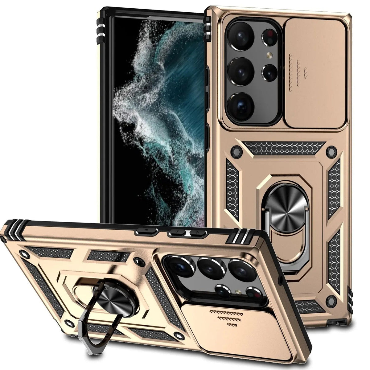 Smartphone Beschermhoes met Standaard en Camerabescherming voor Galaxy S23 Serie Zwart Blauw Goud Beschermend