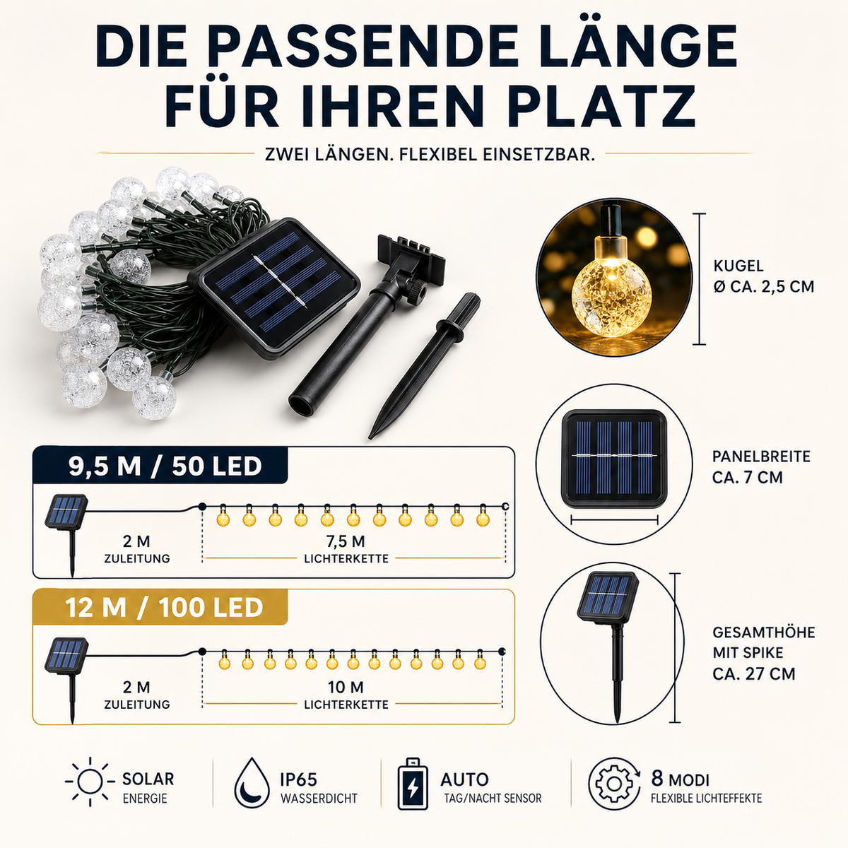 Solar LED Lichtsnoer 10 Meter Warm Wit Waterbestendig Buiten Tuin Camping Terras Feestverlichting Sfeerverlichting