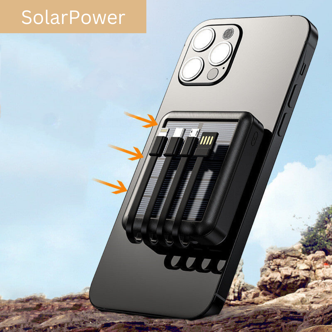 Draagbare Zonne-Energie Powerbank met LED-Zaklamp en Meerdere Oplaadpoorten - Ideaal voor Outdoor, Camping en Noodgevallen