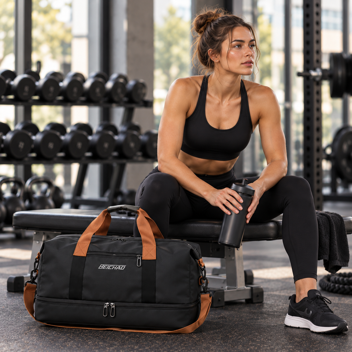 Sporttas met Schoenenvak en Natte-Droge Scheiding 46x25x28cm Oxford Stof Trolley Bevestiging Gym Fitness