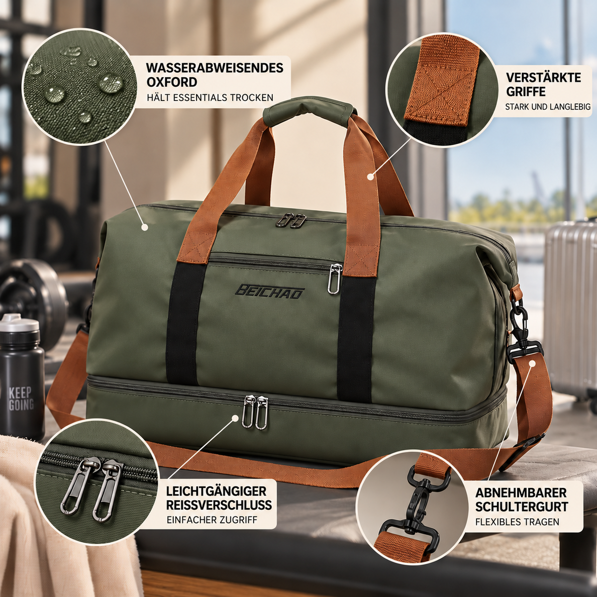 Sporttas met Schoenenvak en Natte-Droge Scheiding 46x25x28cm Oxford Stof Trolley Bevestiging Gym Fitness