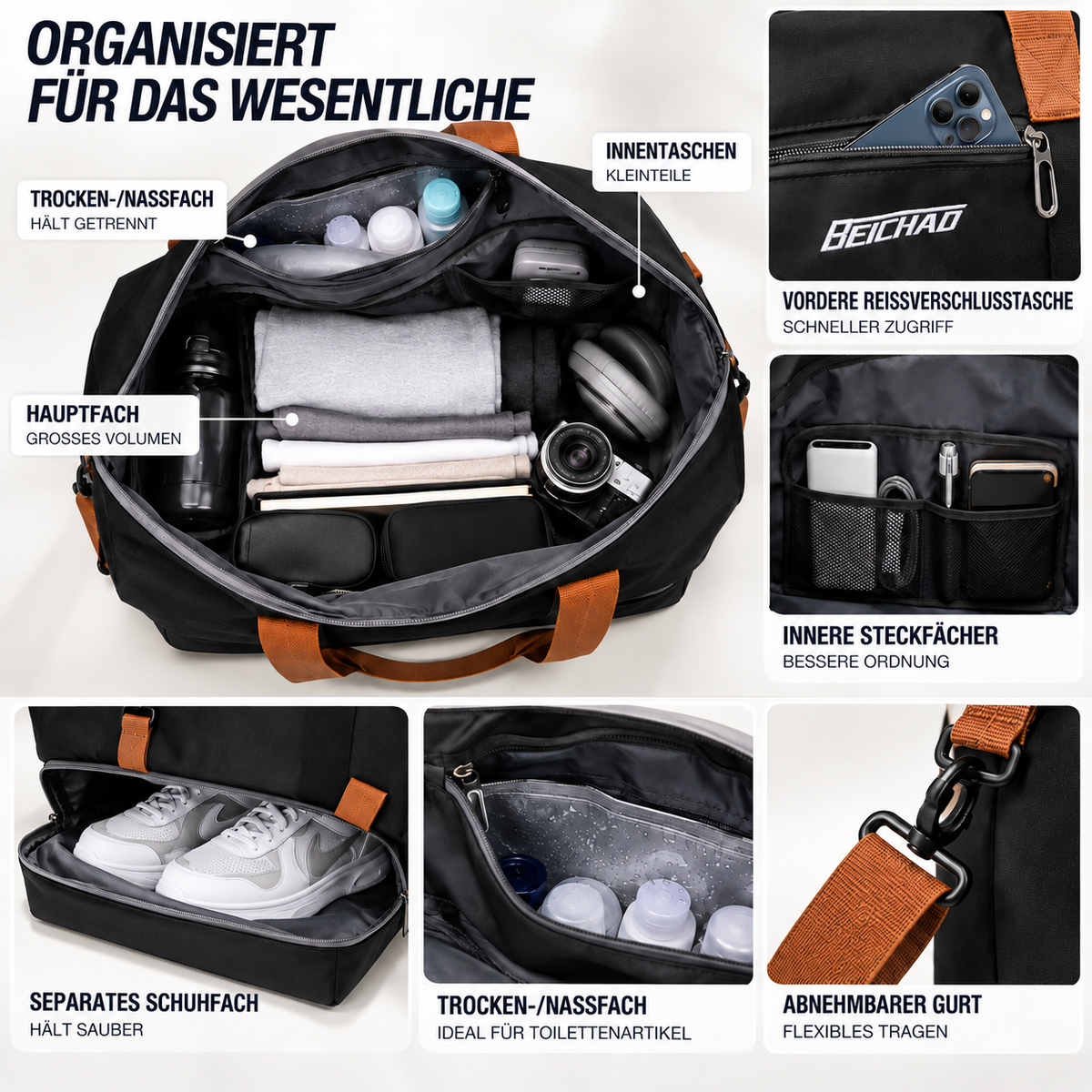 Sporttas met Schoenenvak en Natte-Droge Scheiding 46x25x28cm Oxford Stof Trolley Bevestiging Gym Fitness