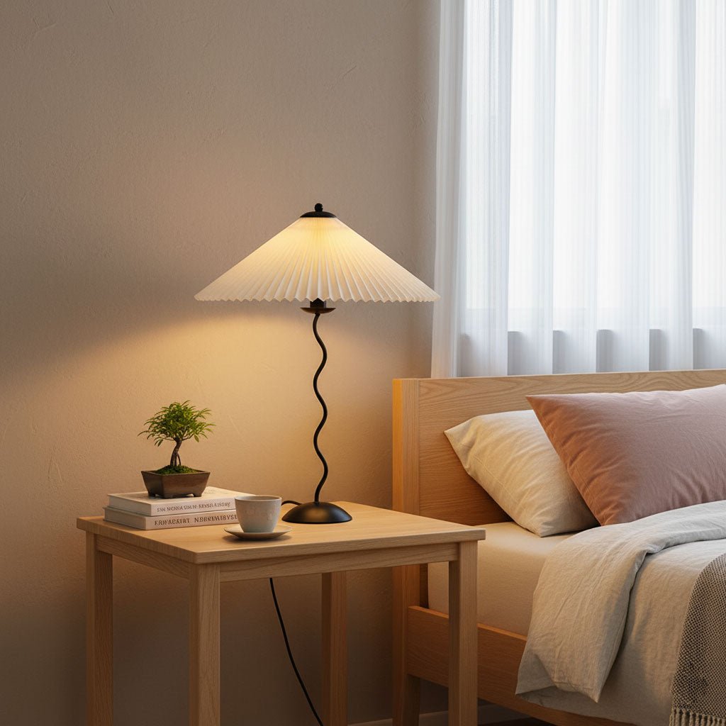 Tafellamp met Golvende Voet en Geplooide Kap - Scandinavisch Accent voor Woonkamer, Gang of Slaapkamer | Zwarte Basis met Beige, Witte, Donkergroene of Zwarte Stoffen Kap | E14 Fitting | Dimbaar met Drukknop