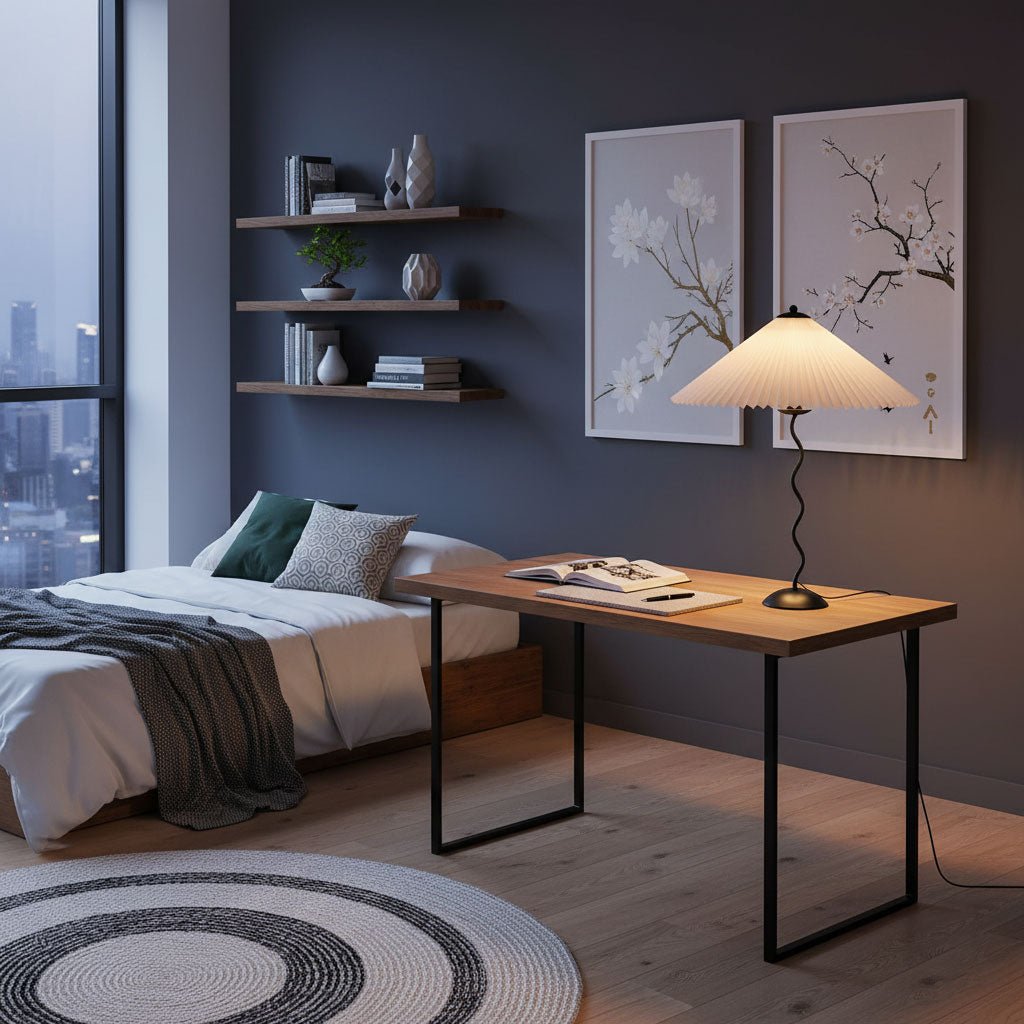 Tafellamp met Golvende Voet en Geplooide Kap - Scandinavisch Accent voor Woonkamer, Gang of Slaapkamer | Zwarte Basis met Beige, Witte, Donkergroene of Zwarte Stoffen Kap | E14 Fitting | Dimbaar met Drukknop