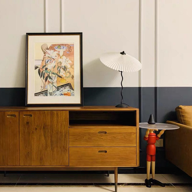 Tafellamp met Golvende Voet en Geplooide Kap - Scandinavisch Accent voor Woonkamer, Gang of Slaapkamer | Zwarte Basis met Beige, Witte, Donkergroene of Zwarte Stoffen Kap | E14 Fitting | Dimbaar met Drukknop