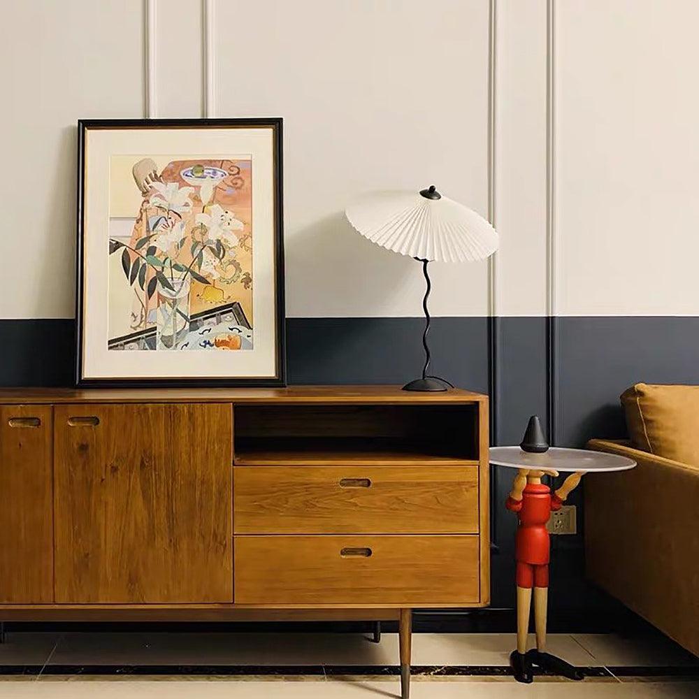 Tafellamp met Golvende Voet en Geplooide Kap - Scandinavisch Accent voor Woonkamer, Gang of Slaapkamer | Zwarte Basis met Beige, Witte, Donkergroene of Zwarte Stoffen Kap | E14 Fitting | Dimbaar met Drukknop