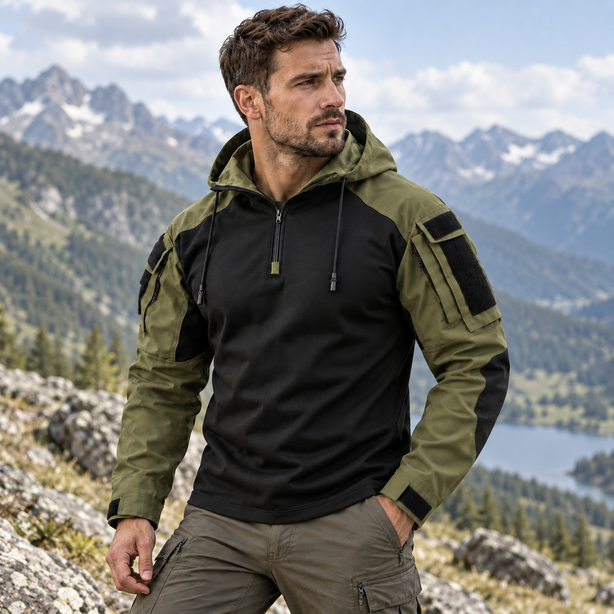 Tactische Outdoor Jas Polyester Waterafstotend Winddicht Ademend Herfst Winter Kamperen Wandelen Groen Grijs
