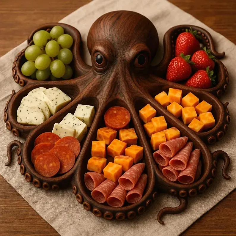 Handgesneden houten serveerplateau in octopusvorm met tentakels - natuurlijk hout tafelservies decoratief schaaltje tapas charcuterie borrelplank