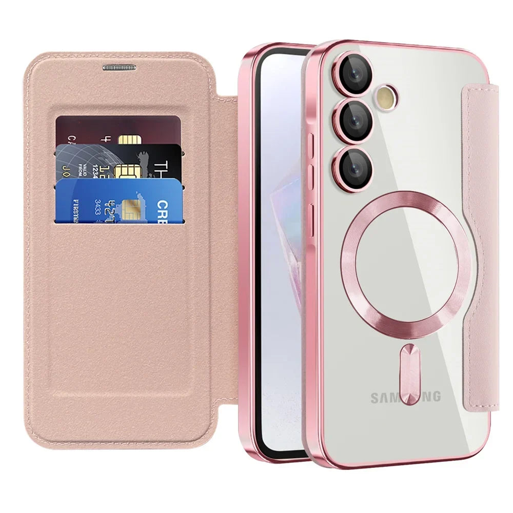 Doorzichtige Flipcase Portemonnee met Kaartvakjes Magnetische Sluiting voor Samsung Galaxy S22 S23 S24 S25 S26 Ultra