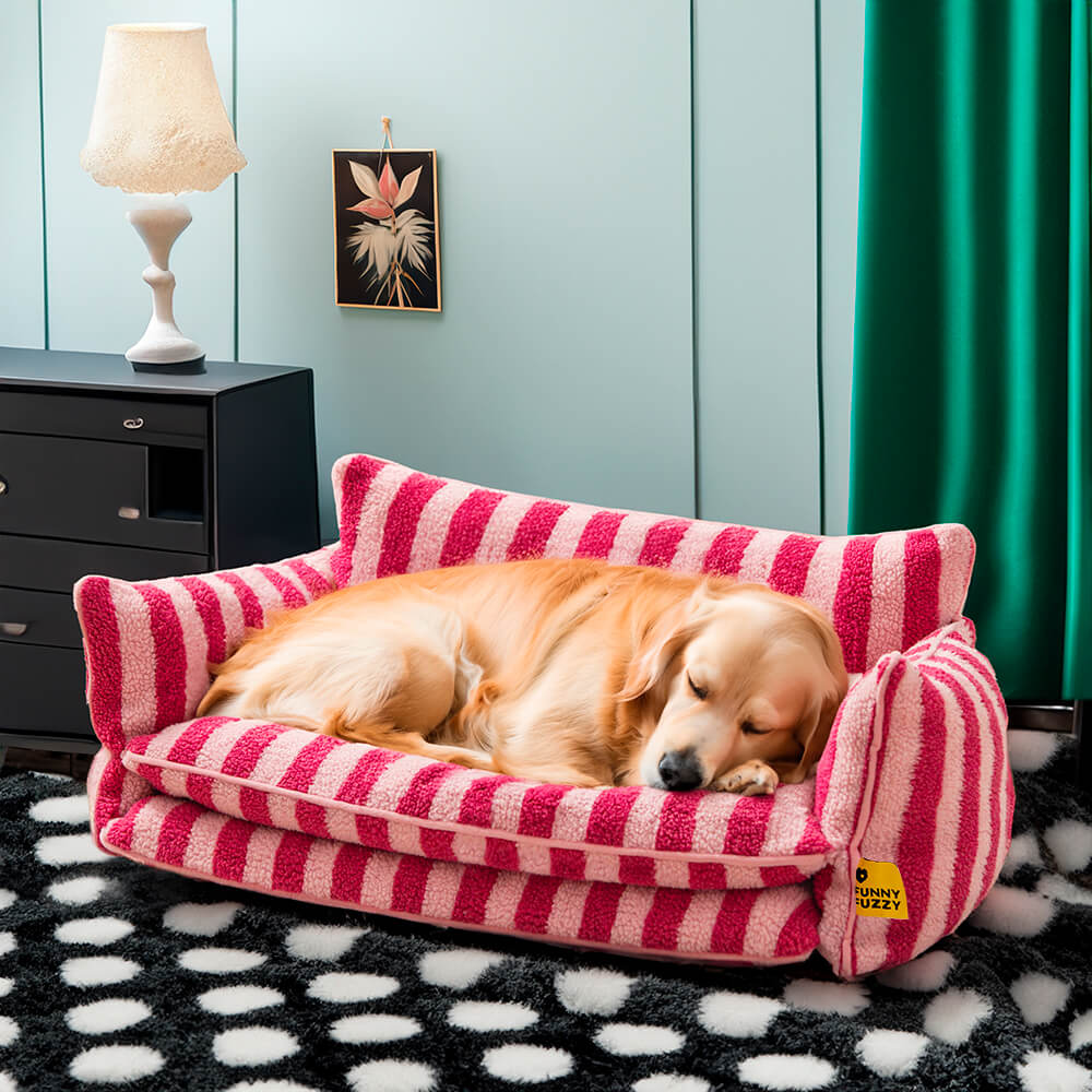Gestreepte Pluche Hondenbed Tweelaags Kunstlam Warm Afneembaar Beige Roze Zwart M L XL 2XL Huisdier Comfort