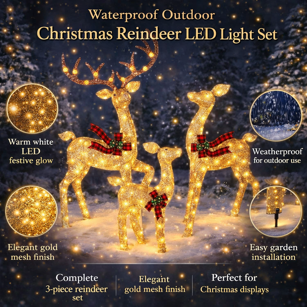 Verlichte Rendierenfamilie LED Tuindecoratie Set Waterdicht Kerst Buitenverlichting 3-delig Warm Wit