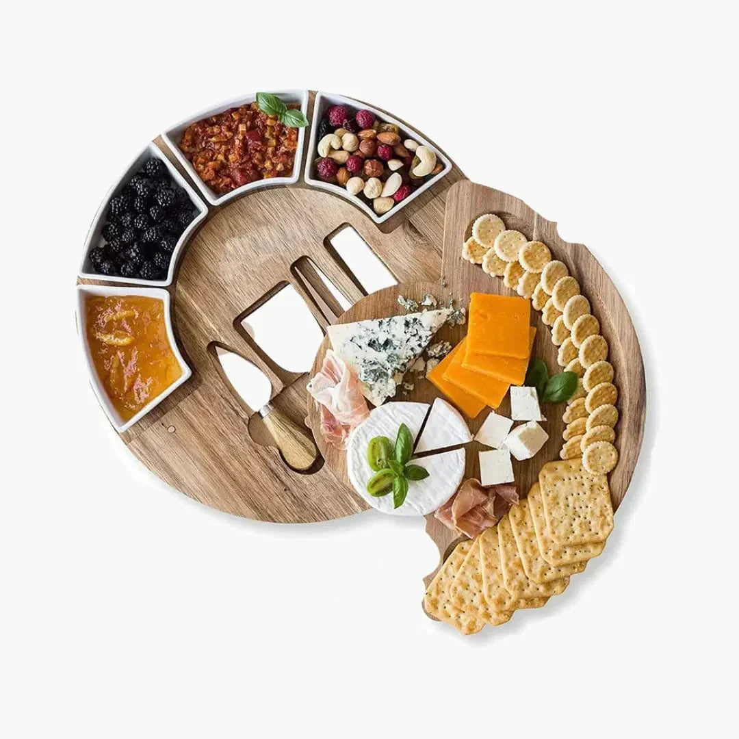 Kaasplank Set Acacia Hout 33cm Rond met Keramische Kommen en Messen Charcuterie Borrelplank Serveerplank