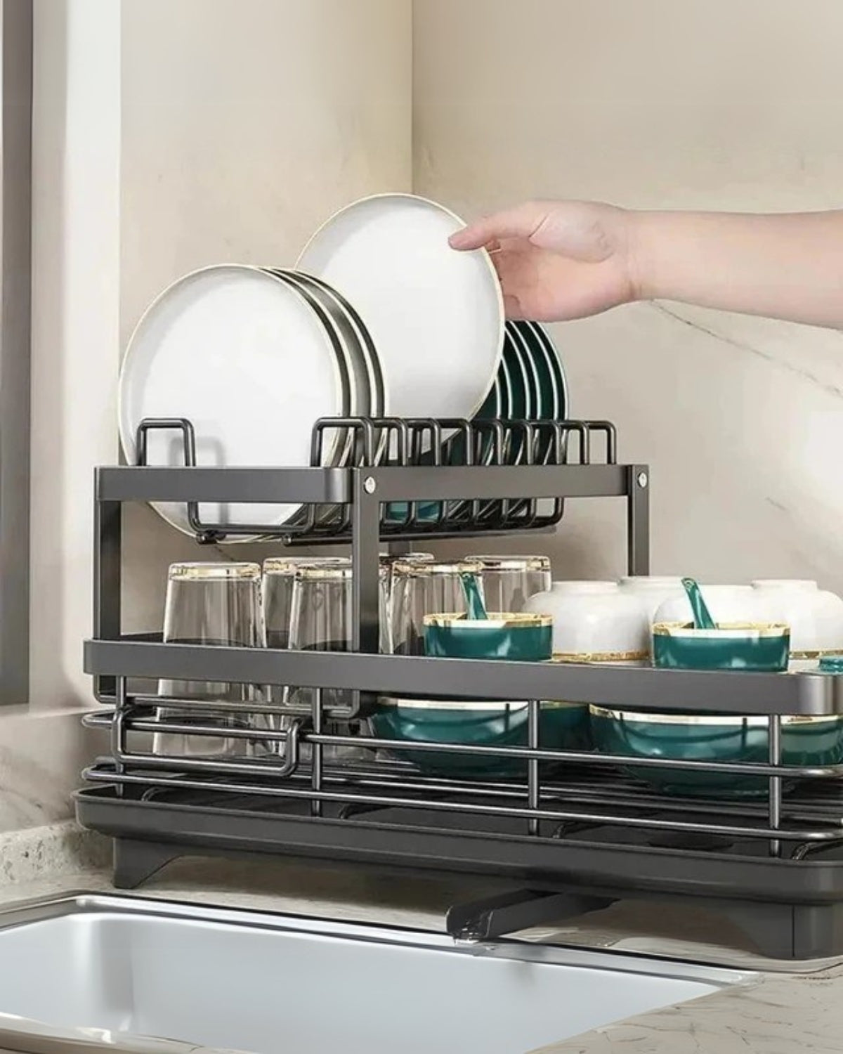 Modern afdruiprek van carbon staal met 360° draaibare afvoer - luxe keukendroogrek met meerdere niveaus