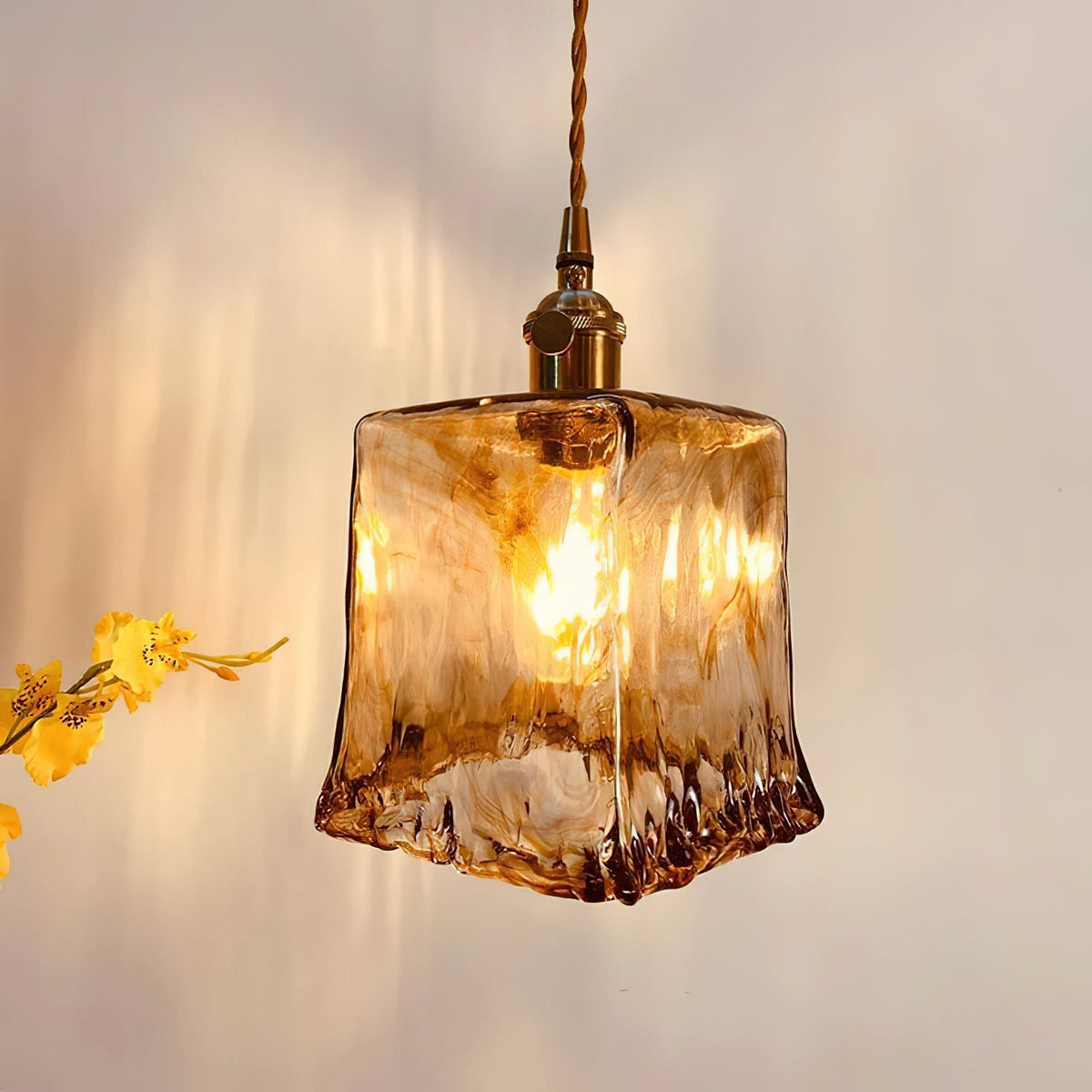 Vintage Hanglamp Messing & Amber Glas - Retro Verlichting Eetkamer Keukeneiland Bar Restaurant - E26/E27 Max 40W