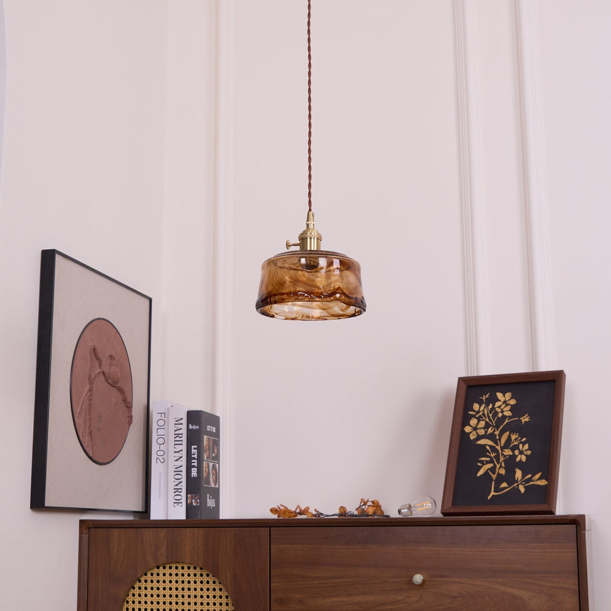 Vintage Hanglamp Messing & Amber Glas - Retro Verlichting Eetkamer Keukeneiland Bar Restaurant - E26/E27 Max 40W