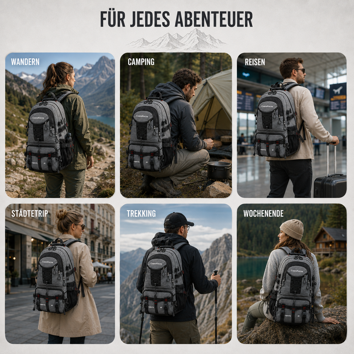 Trekkingtas 40 Liter met USB-Poort Ergonomisch Waterdicht voor Wandelen Bergtouren Outdoor Camping Reizen