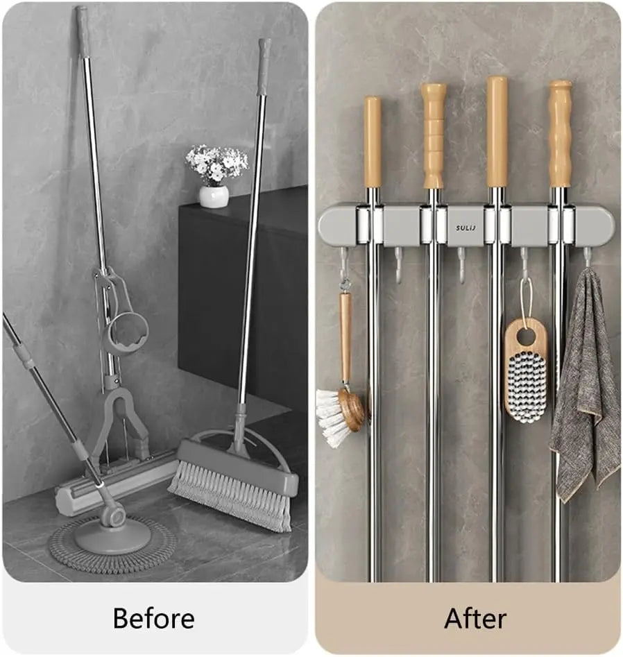 Wandhouder Bezem Mop Gereedschap Kunststof Edelstaal 33x5x9cm 4 Grepen 5 Haken Keuken Garage Werkplaats Opbergen Schroeven Zelfklevend