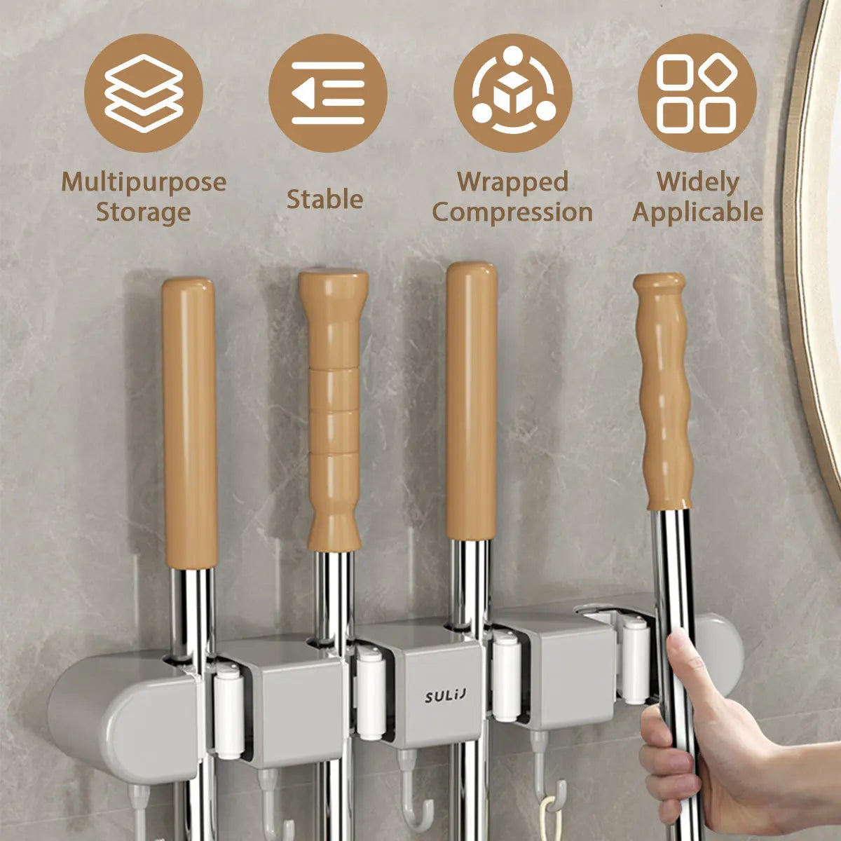 Wandhouder Bezem Mop Gereedschap Kunststof Edelstaal 33x5x9cm 4 Grepen 5 Haken Keuken Garage Werkplaats Opbergen Schroeven Zelfklevend