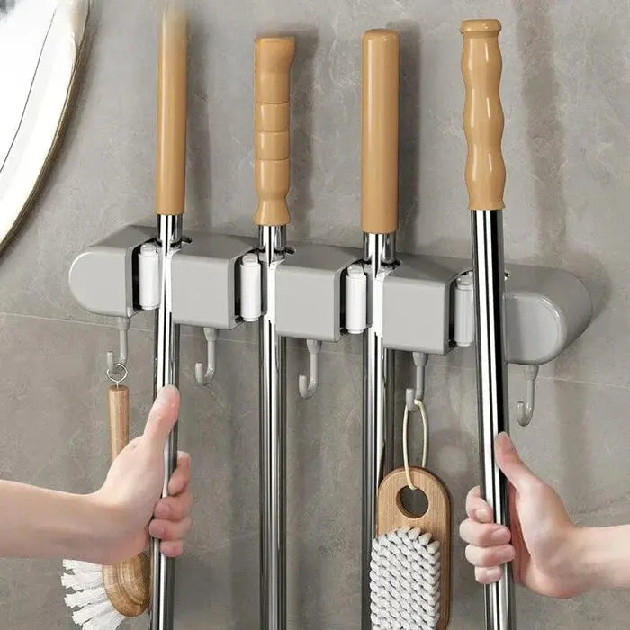 Wandhouder Bezem Mop Gereedschap Kunststof Edelstaal 33x5x9cm 4 Grepen 5 Haken Keuken Garage Werkplaats Opbergen Schroeven Zelfklevend