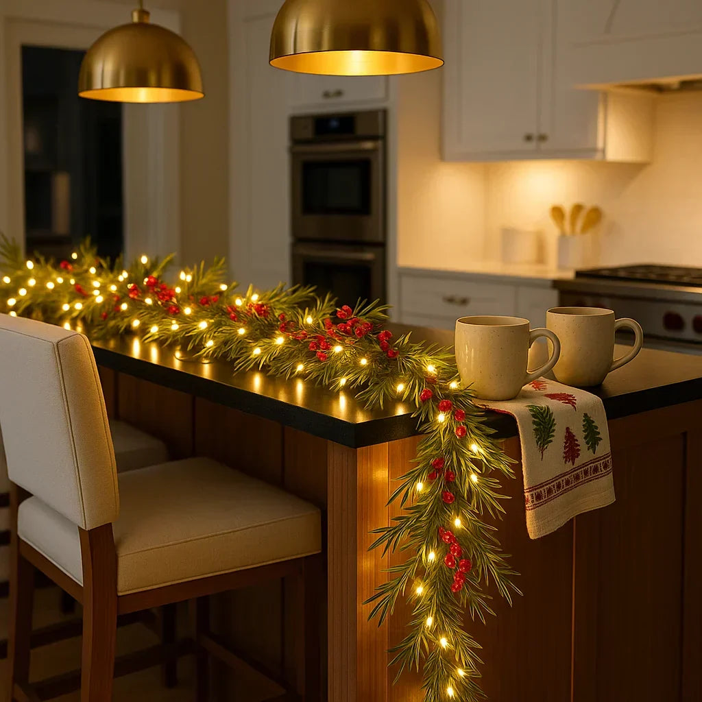 Verlichte Kerstslinger met Rode Bessen en Dennentakken 180cm Warm Wit - LED-decoratie voor Binnen