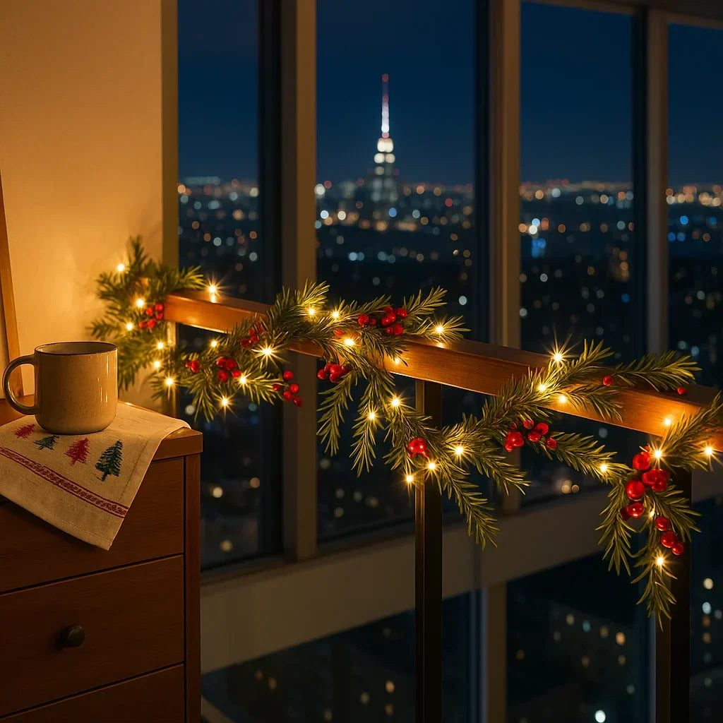 Verlichte Kerstslinger met Rode Bessen en Dennentakken 180cm Warm Wit - LED-decoratie voor Binnen