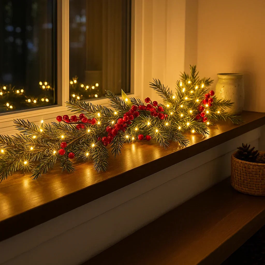 Verlichte Kerstslinger met Rode Bessen en Dennentakken 180cm Warm Wit - LED-decoratie voor Binnen