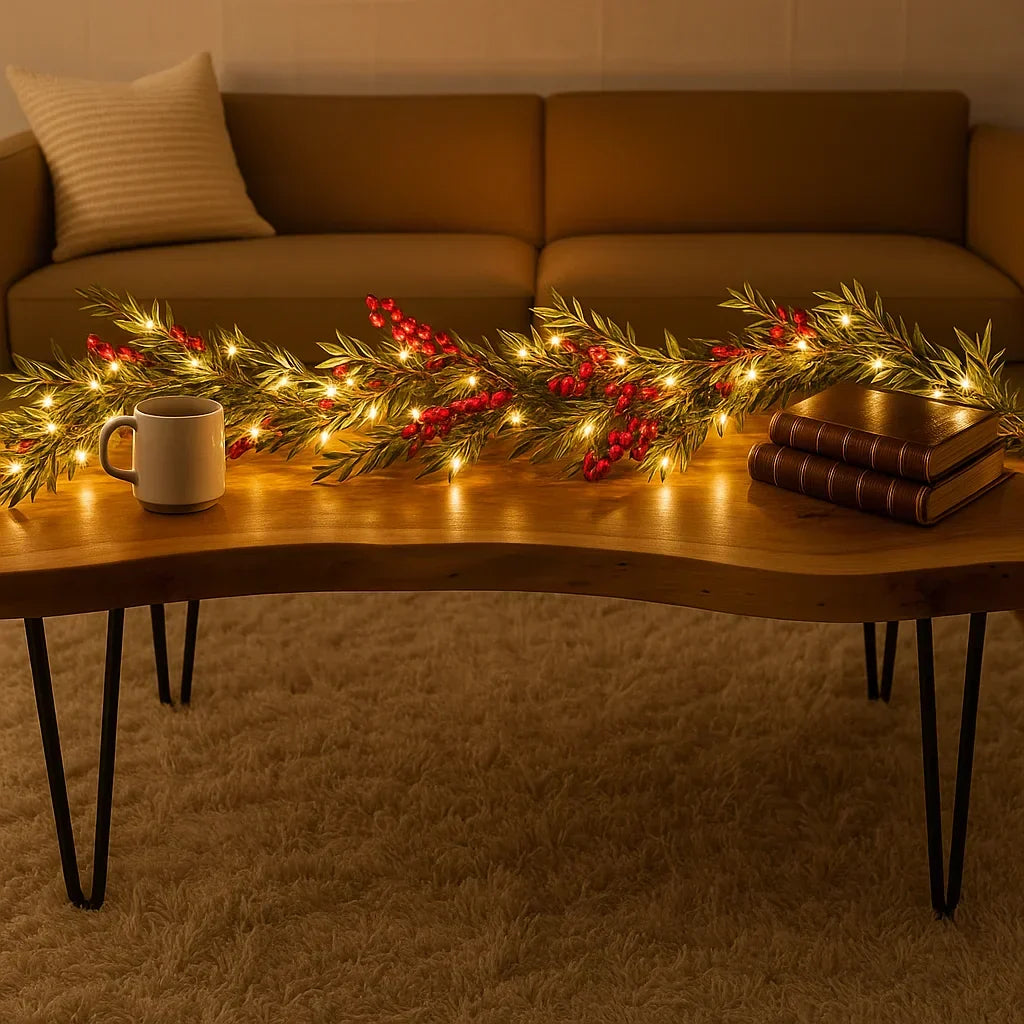 Verlichte Kerstslinger met Rode Bessen en Dennentakken 180cm Warm Wit - LED-decoratie voor Binnen