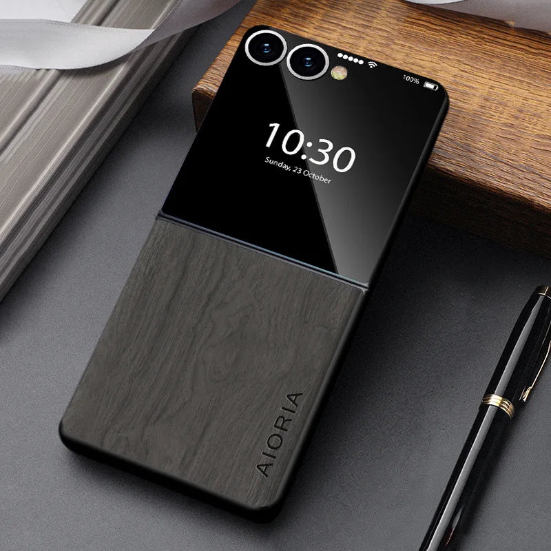 Telefoonhoesje Houtlook Opvouwbare Smartphone PU Leer Bescherming Schokbestendig Anti-Vingerafdruk Stijlvol