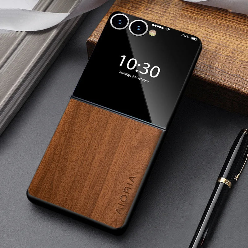 Telefoonhoesje Houtlook Opvouwbare Smartphone PU Leer Bescherming Schokbestendig Anti-Vingerafdruk Stijlvol