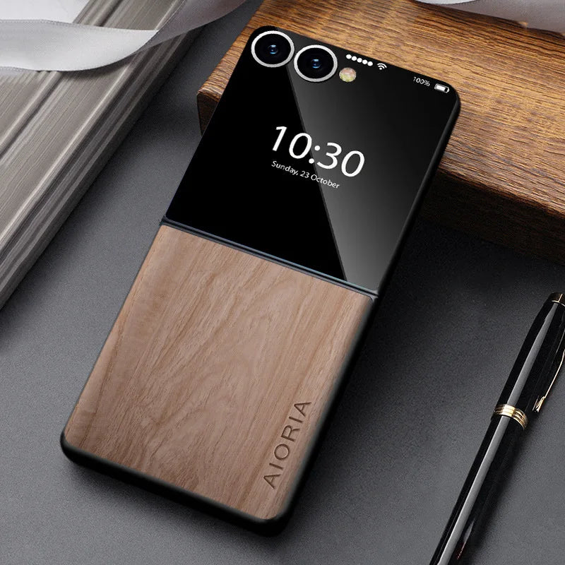 Telefoonhoesje Houtlook Opvouwbare Smartphone PU Leer Bescherming Schokbestendig Anti-Vingerafdruk Stijlvol