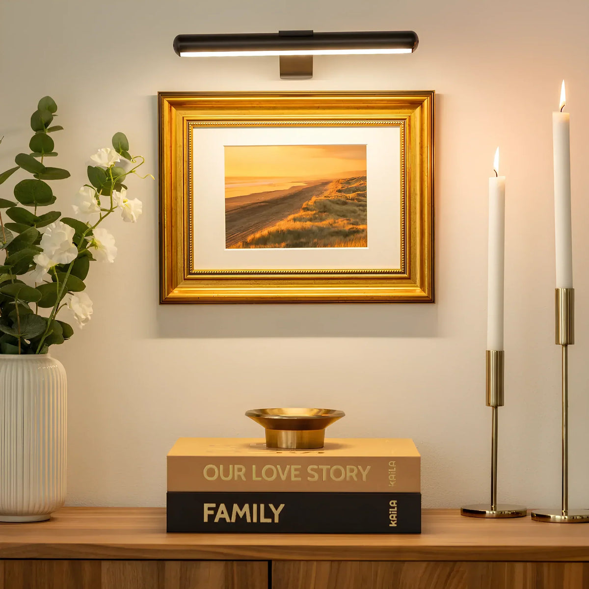 Draadloze LED wandlamp dimbaar 360° verstelbaar voor kunst schilderijen en foto's zwart wit goud accentverlichting