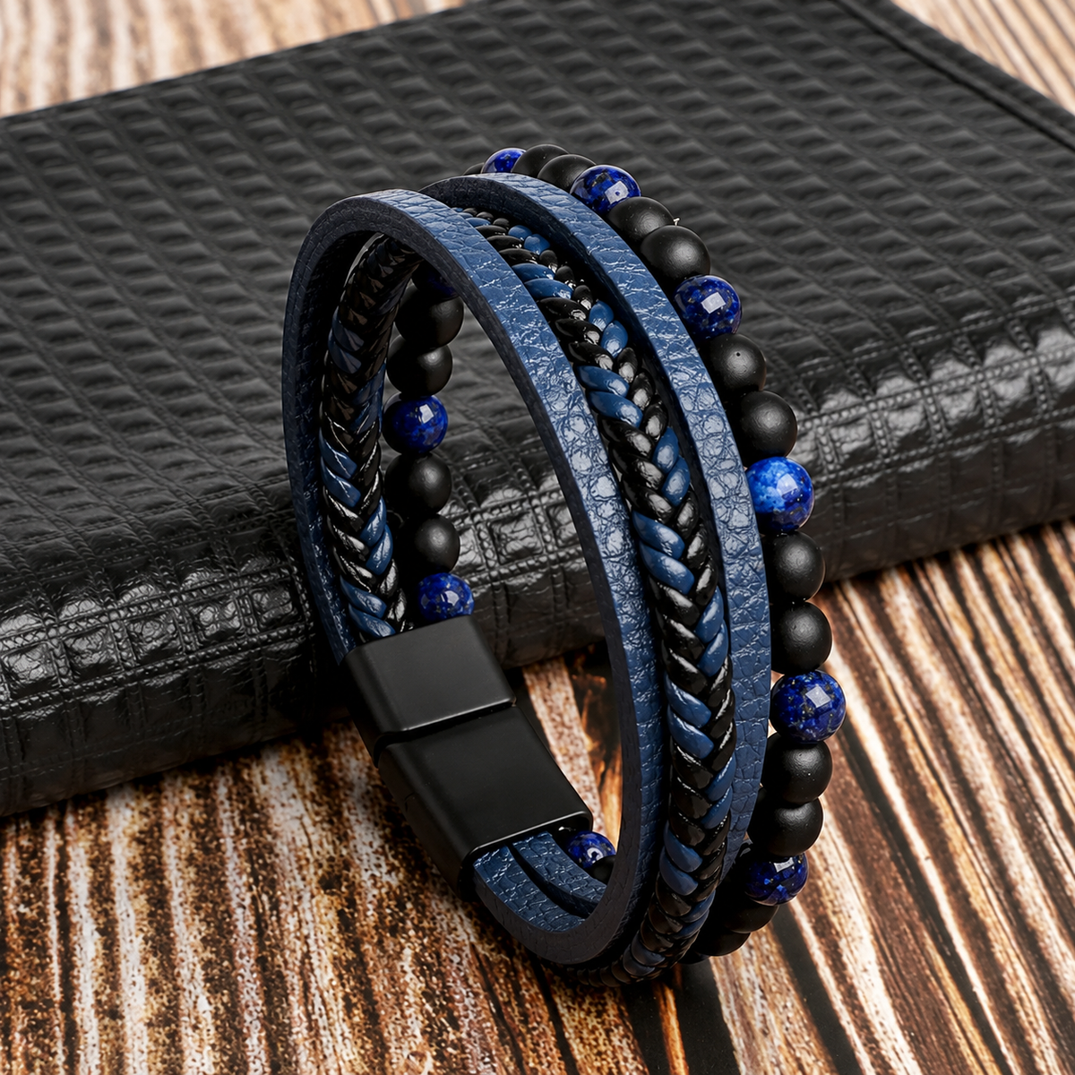 Gevlochten Heren Armband met Magnetische Sluiting Meerrijig Kralendetails Zwart Bruin Blauw Casual Formeel