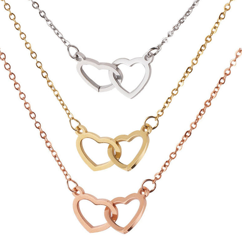 Hartvormige Ketting Twee Harten Titanium Staal Vrouwen Romantisch Sieraad Goud Zilver Rosé Geschenkdoos