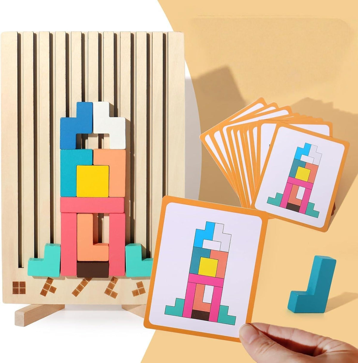Houten 3D Puzzelspel voor Kinderen - Creatief Tetris Stapelspel met Geometrische Blokken - Ruimtelijk Inzicht & Handcoördinatie