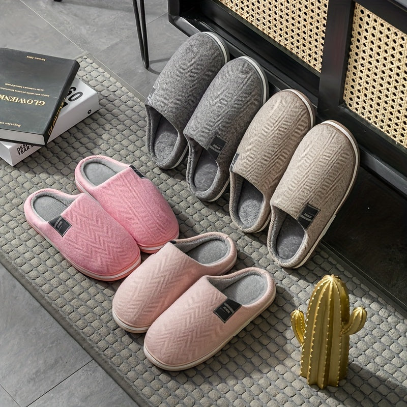Heren Pantoffels met Visgraatpatroon Warme Pluche Voering Antislip Zool Comfortabel Thuisschoeisel Winter